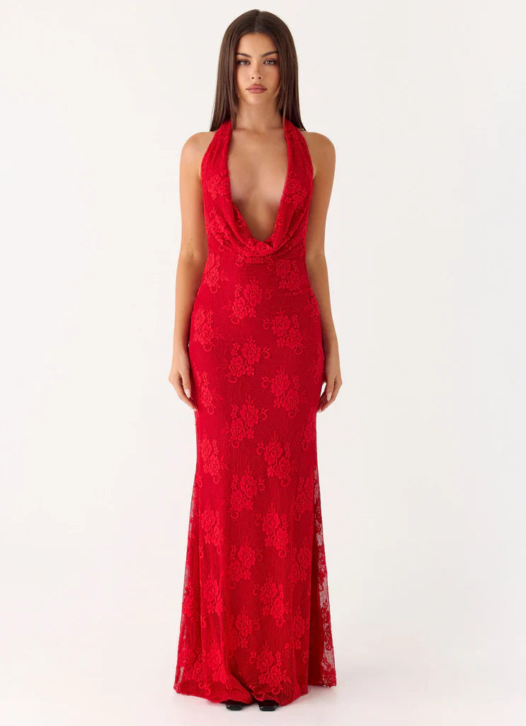 Red Lace Halter Cowl Neck Backless Maxi Prom Dress For Stunning Formal Evenings