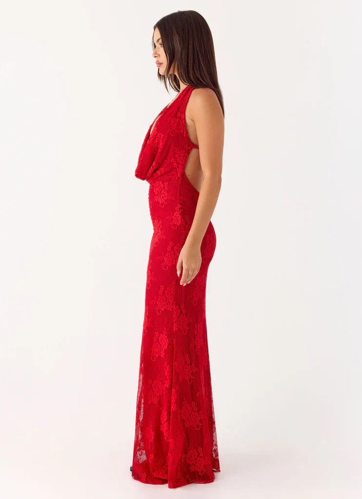 Red Lace Halter Cowl Neck Backless Maxi Prom Dress For Stunning Formal Evenings
