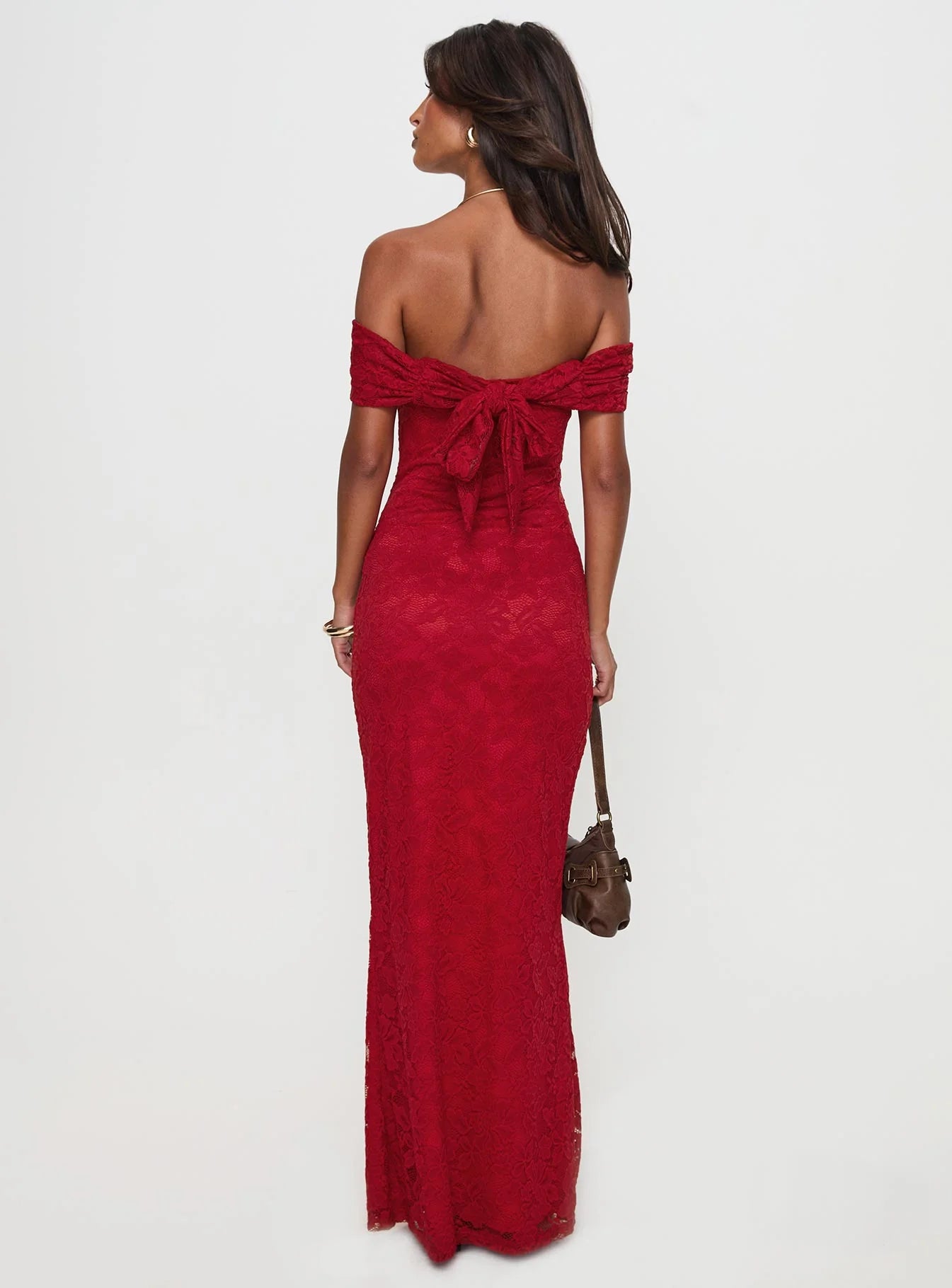 Red Lace Off-the-Shoulder Bow Bodycon Maxi Evening Dresses
