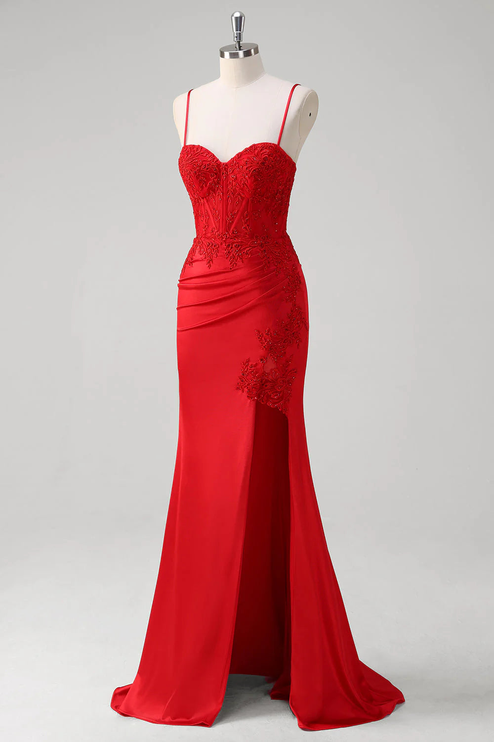Red Mermaid Spaghetti Straps Satin Long Corset Appliqued Prom Dress with Slit