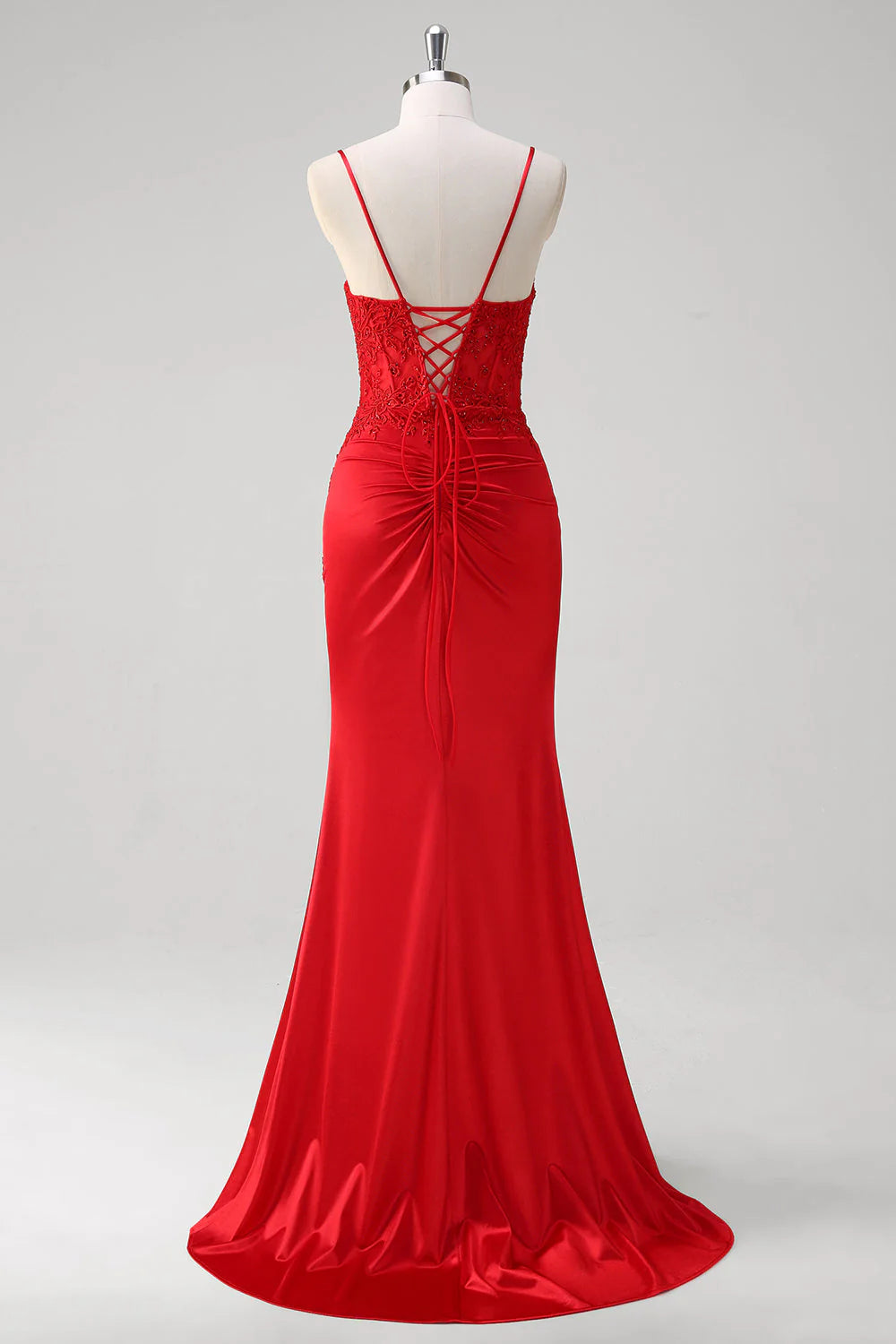 Red Mermaid Spaghetti Straps Satin Long Corset Appliqued Prom Dress with Slit