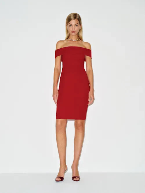 Red Off-the-Shoulder Bodycon with Back Slit Midi Prom  Dress