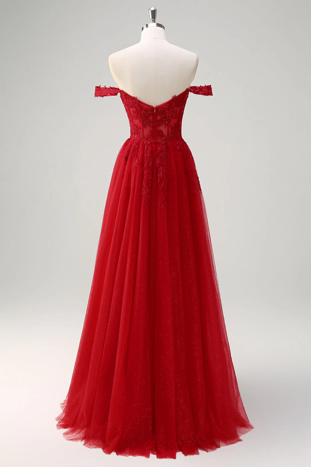 Red Off-the-Shoulder Lace Applique Glitter Tulle A-Line Evening Dresses