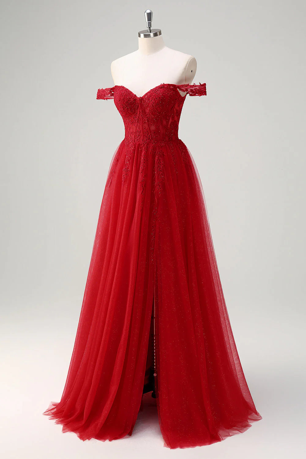 Red Off-the-Shoulder Lace Applique Glitter Tulle A-Line Evening Dresses