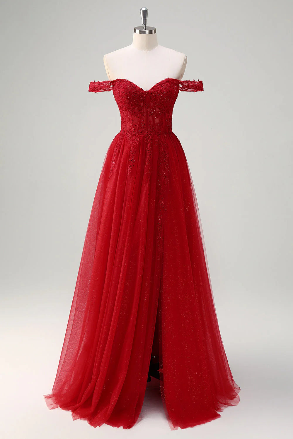 Red Off-the-Shoulder Lace Applique Glitter Tulle A-Line Evening Dresses