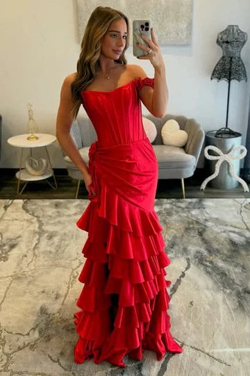 Red Off-the-Shoulder Satin Prom Dress with Corset Bodice and Tiered Ruffle High Slit