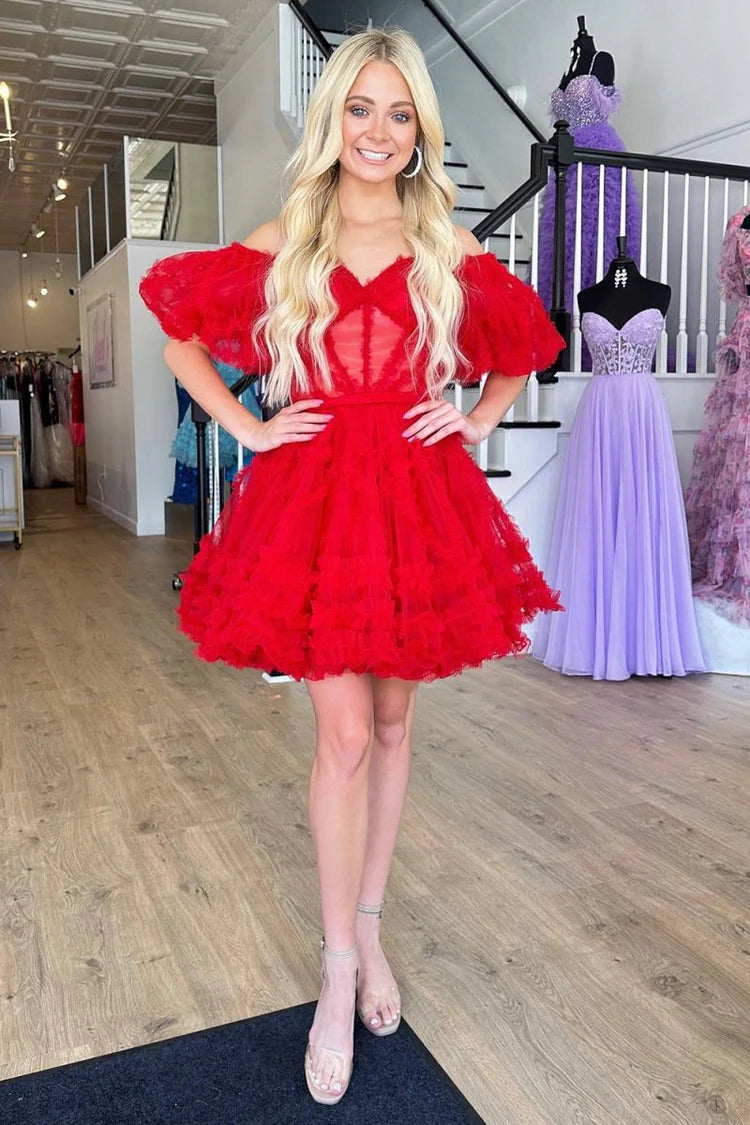 Red Off-the-Shoulder Tulle Ruffle Homecoming Dresses