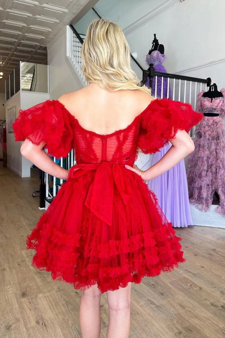 Red Off-the-Shoulder Tulle Ruffle Homecoming Dresses