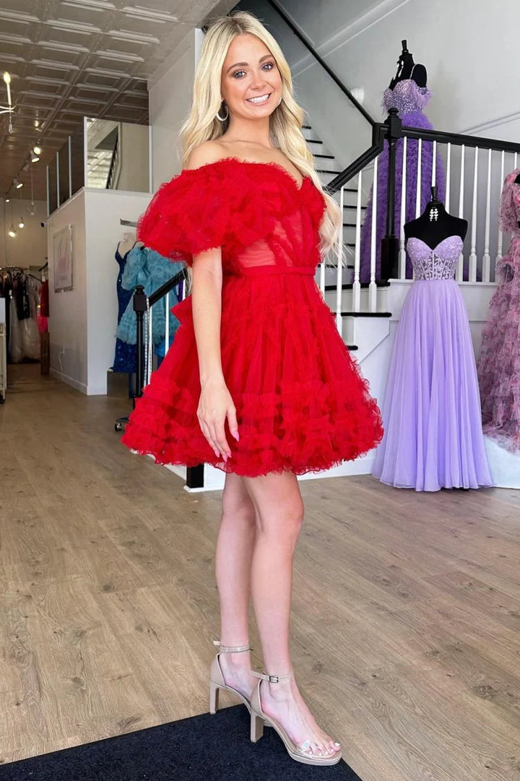 Red Off-the-Shoulder Tulle Ruffle Homecoming Dresses