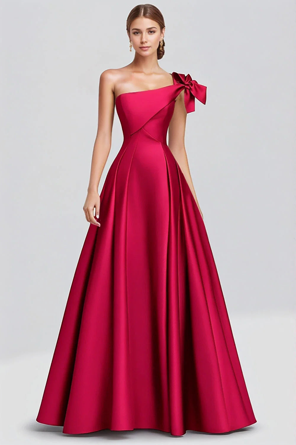 Red One-Shoulder Satin Bow A-Line Evening Dresses