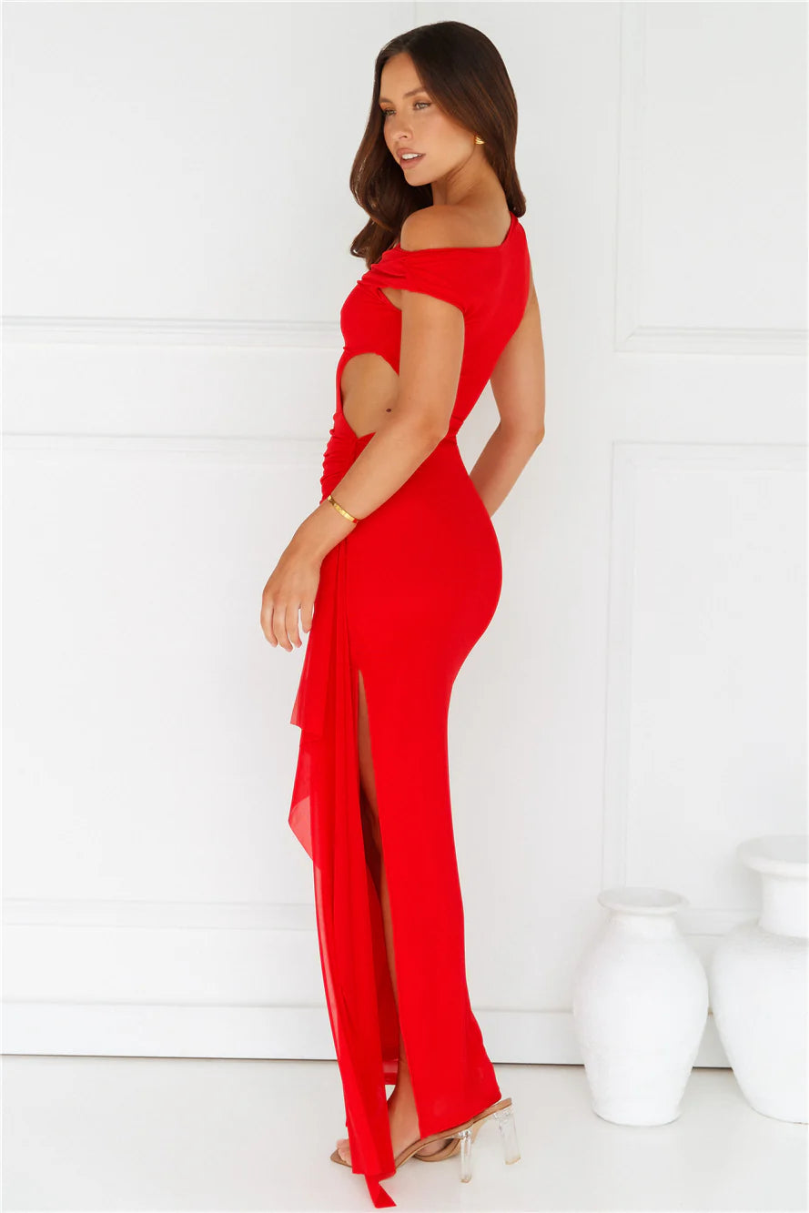 Red One Shoulder Cutout Drape Maxi Evening Dresses