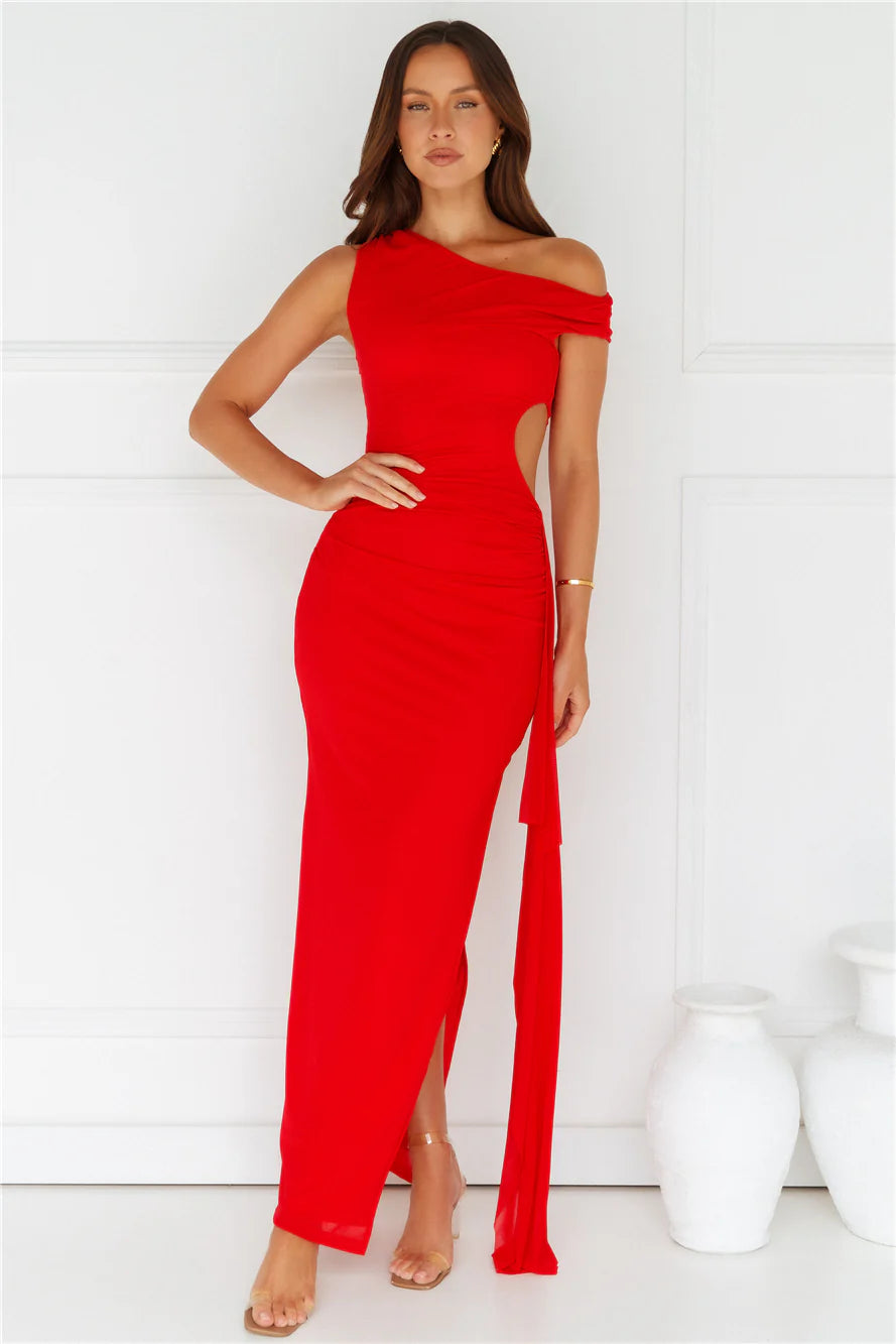 Red One Shoulder Cutout Drape Maxi Evening Dresses
