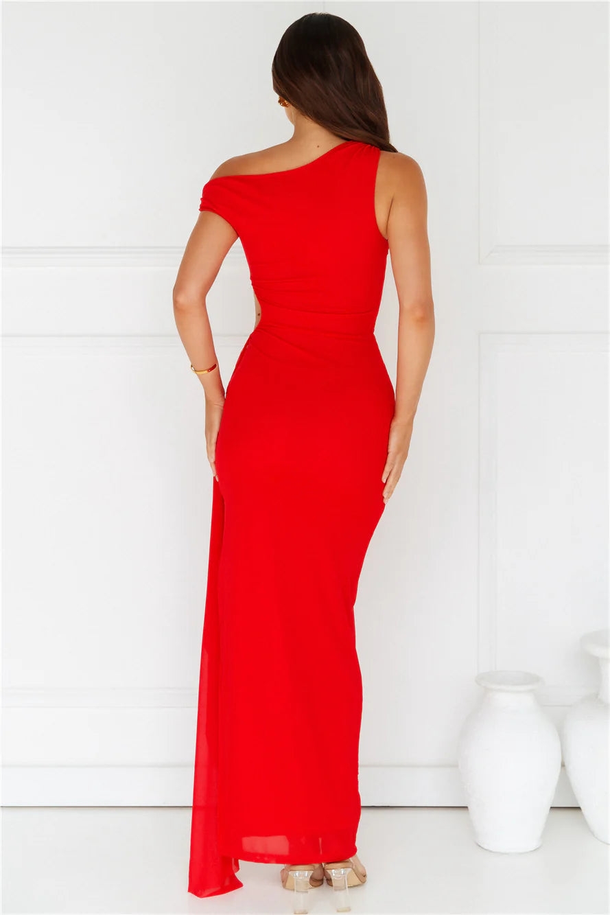 Red One Shoulder Cutout Drape Maxi Evening Dresses