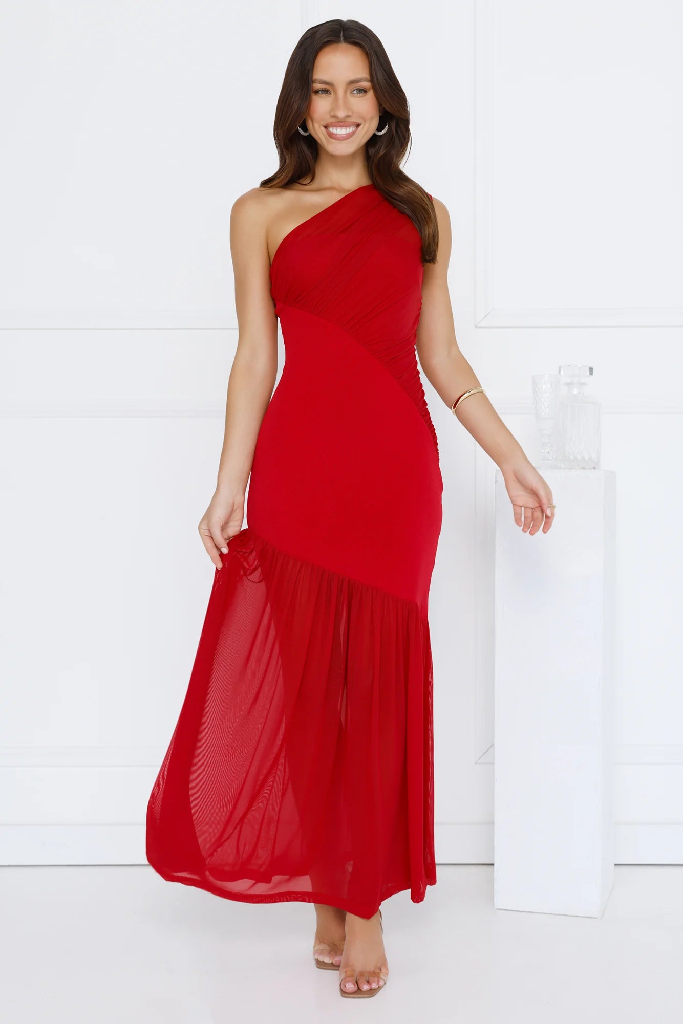 Red One Shoulder Mesh Ruffle Maxi Evening Dresses