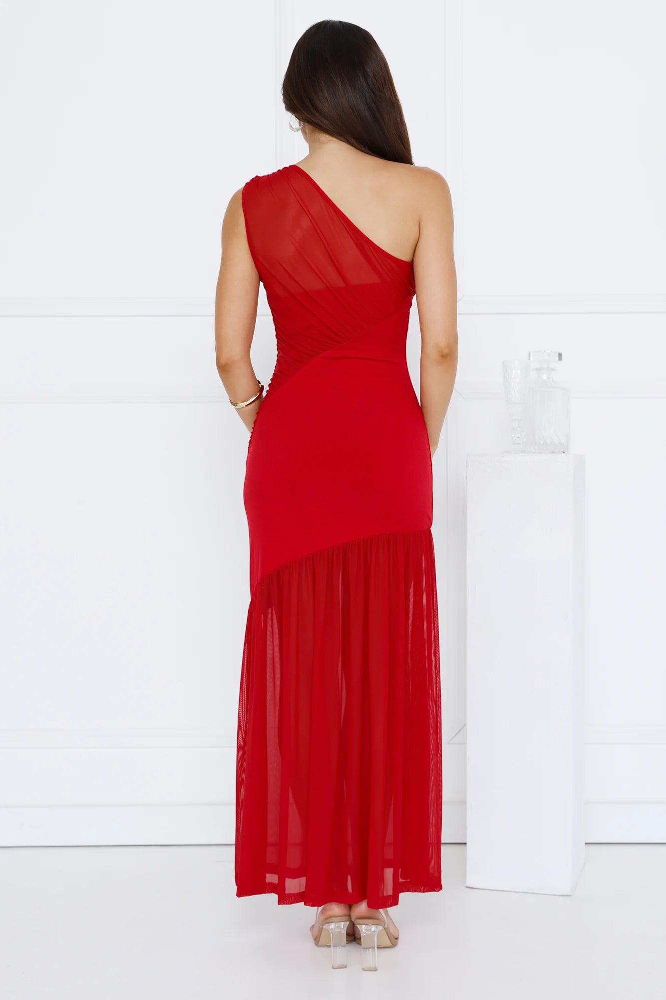 Red One Shoulder Mesh Ruffle Maxi Evening Dresses