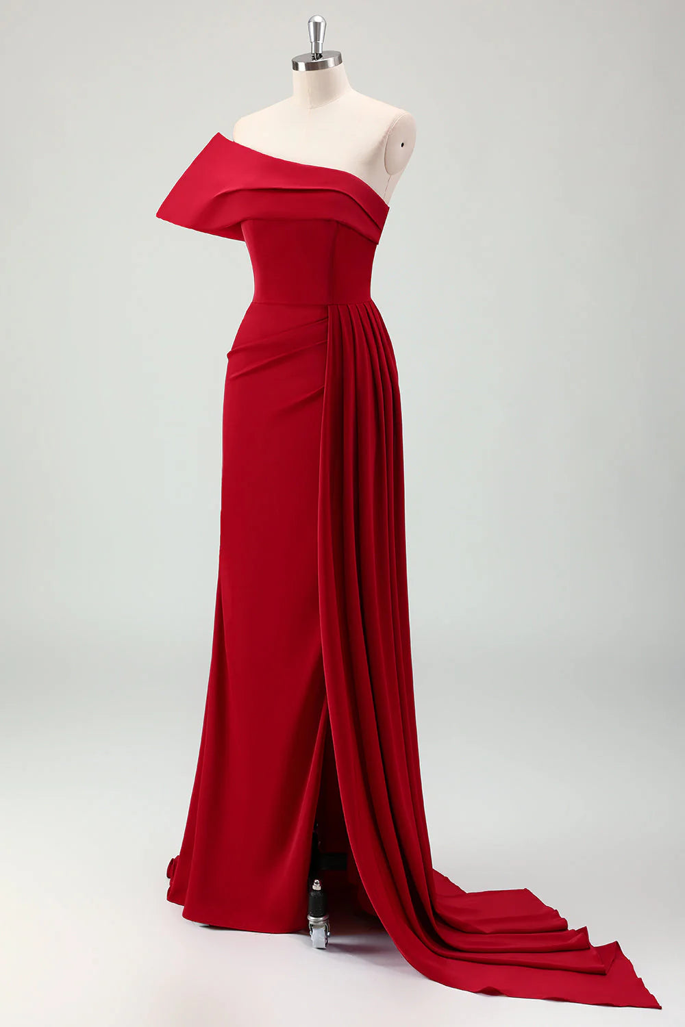 Red One Shoulder Pleated Satin Long Mermaid Prom Dress with Slit