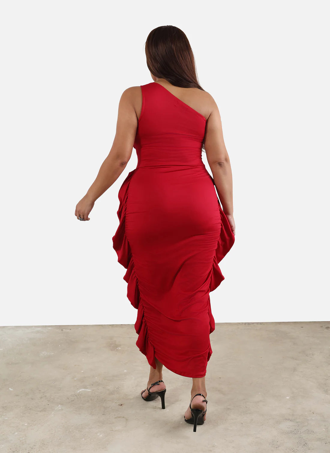 Red One Shoulder Ruched Ruffle Maxi Evening Dresses