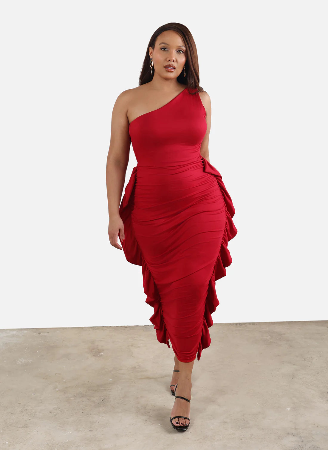 Red One Shoulder Ruched Ruffle Maxi Evening Dresses