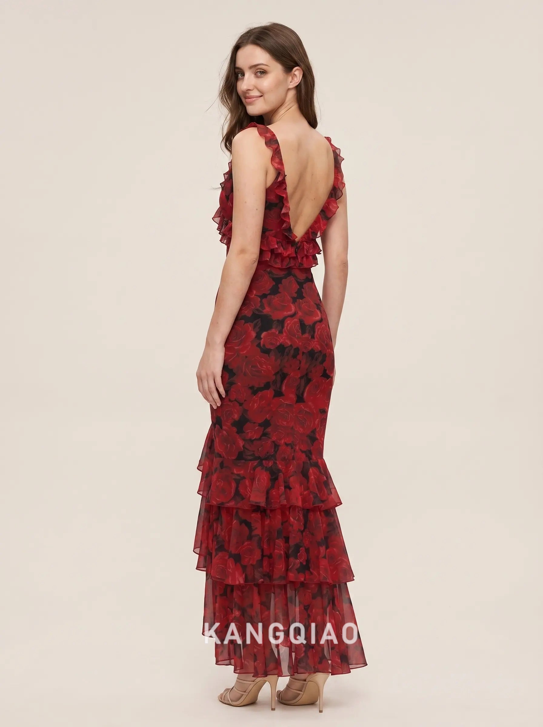 Red Rose Print V Neck Ruffled Strap Tiered Ruffle Chiffon Mermaid Floor Length Formal Evening Prom Dress