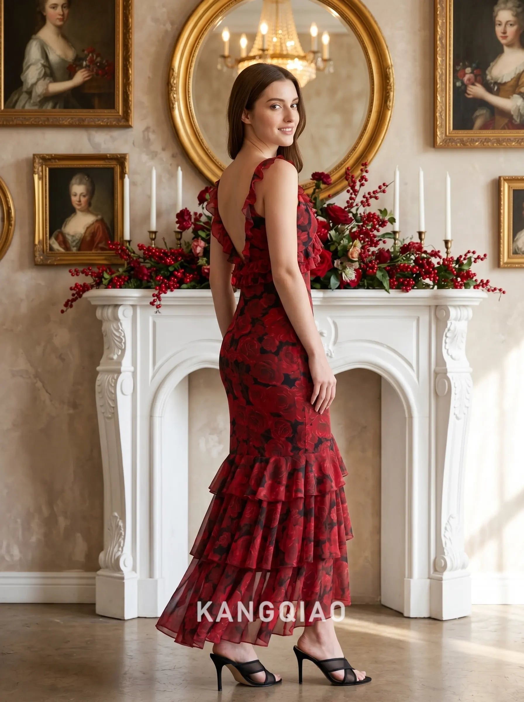 Red Rose Print V Neck Ruffled Strap Tiered Ruffle Chiffon Mermaid Floor Length Formal Evening Prom Dress