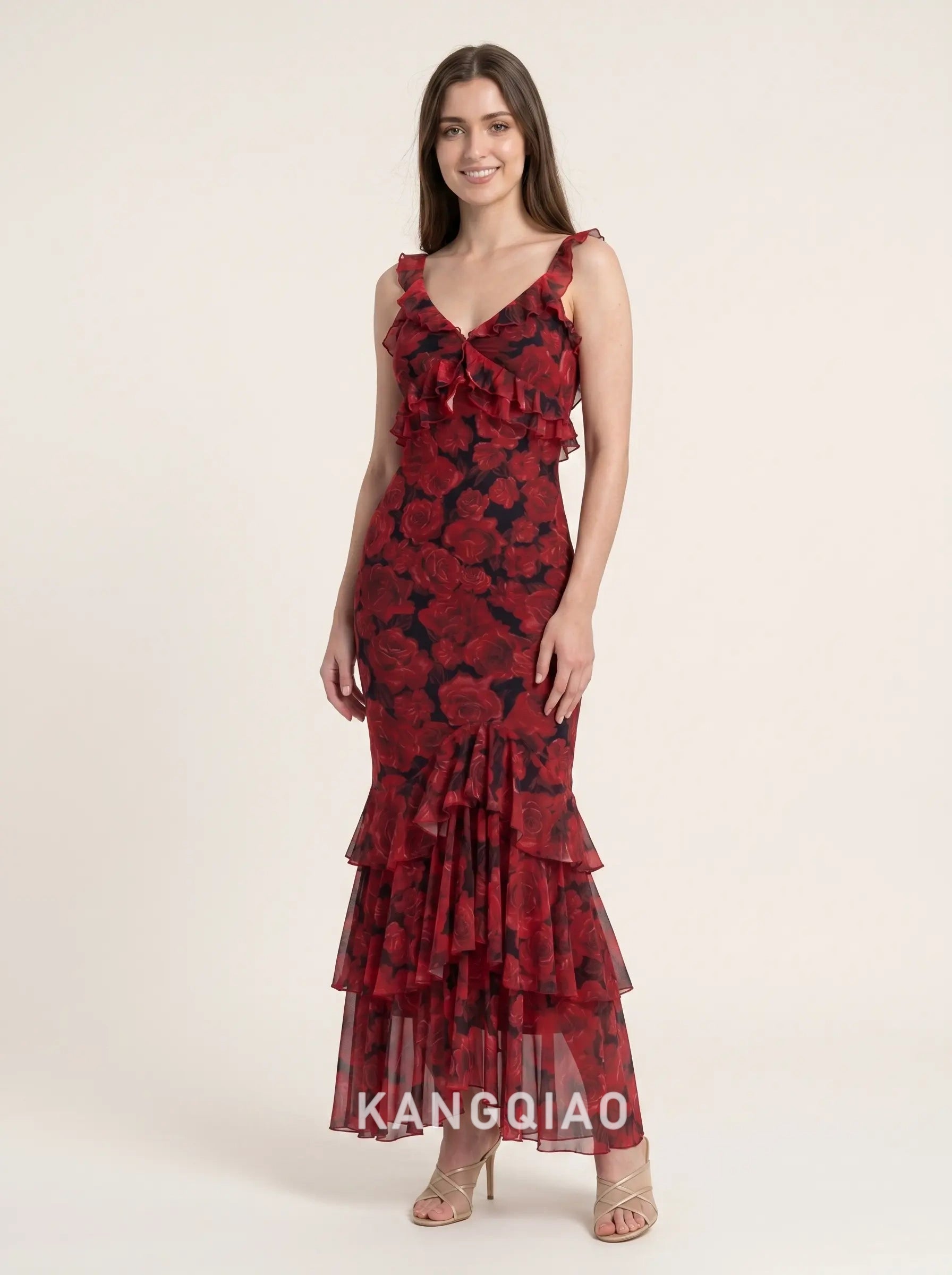 Red Rose Print V Neck Ruffled Strap Tiered Ruffle Chiffon Mermaid Floor Length Formal Evening Prom Dress