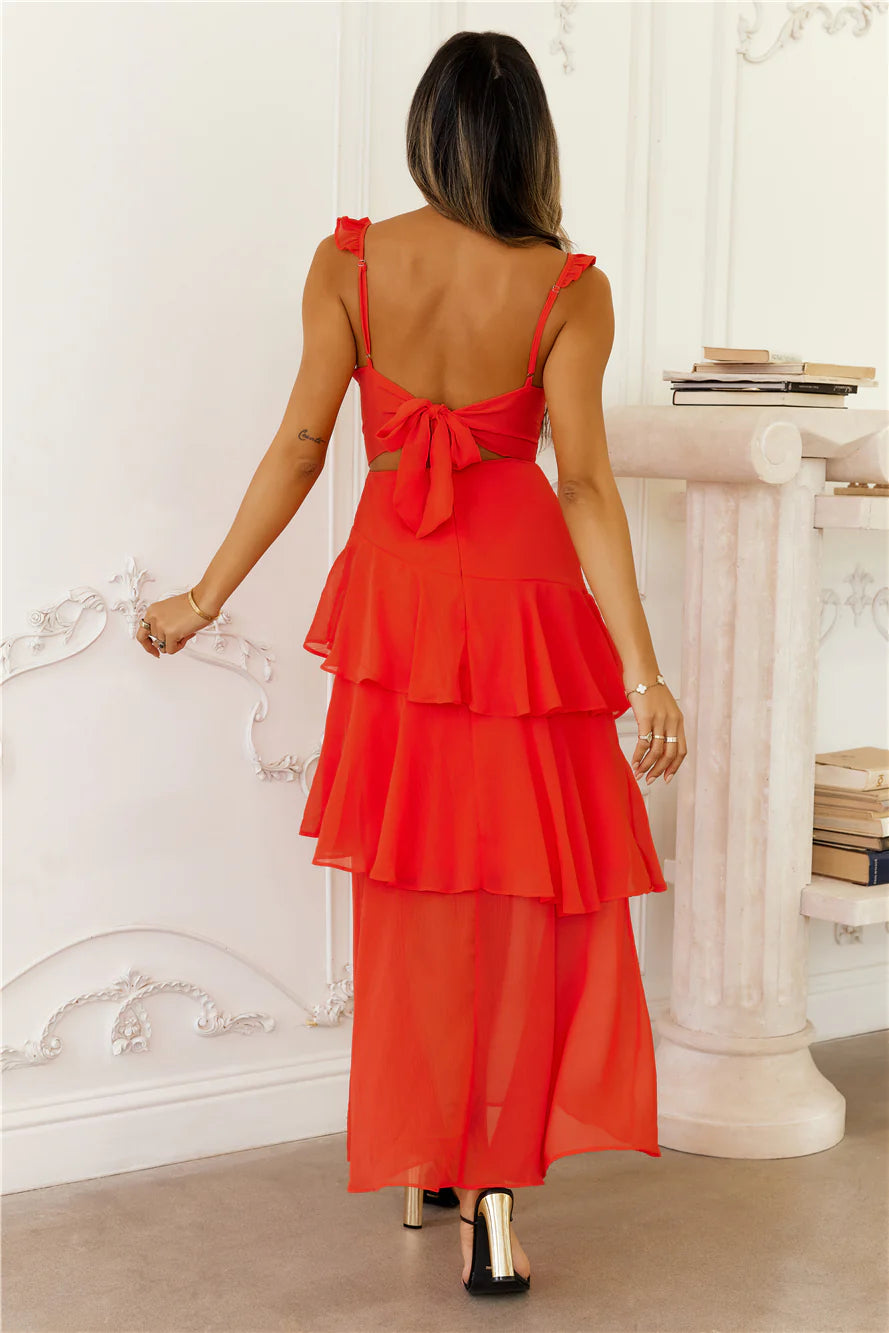 Red Ruffle Strap Tiered Tie Back Evening Dresses