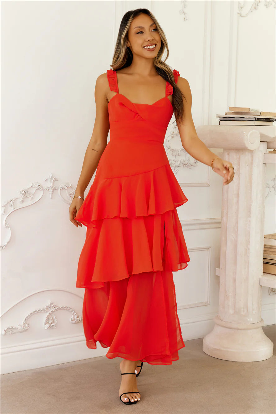 Red Ruffle Strap Tiered Tie Back Evening Dresses