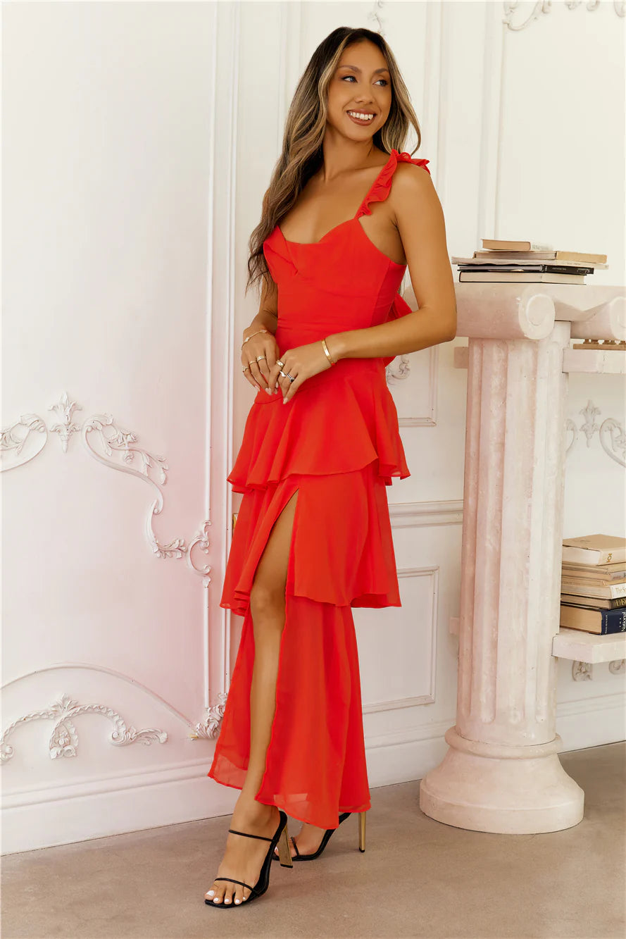 Red Ruffle Strap Tiered Tie Back Evening Dresses