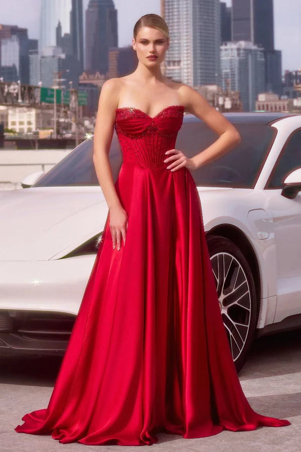 Red Satin Beaded Strapless Corset A-Line Train Maxi Evening Dresses