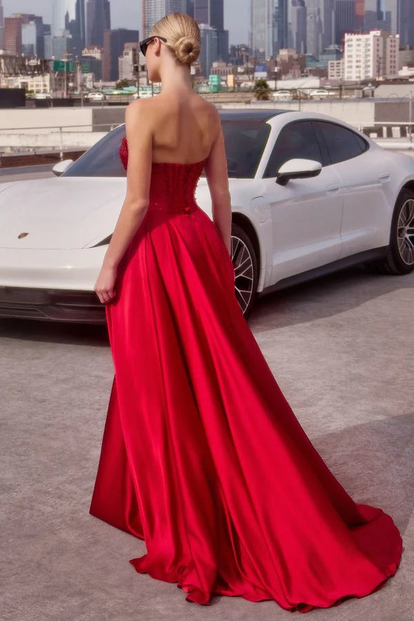 Red Satin Beaded Strapless Corset A-Line Train Maxi Evening Dresses