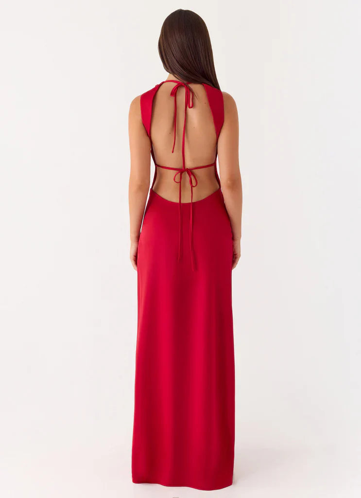 Red Satin Cowl Neck Open Back Tie Detail Maxi Prom Dress Events