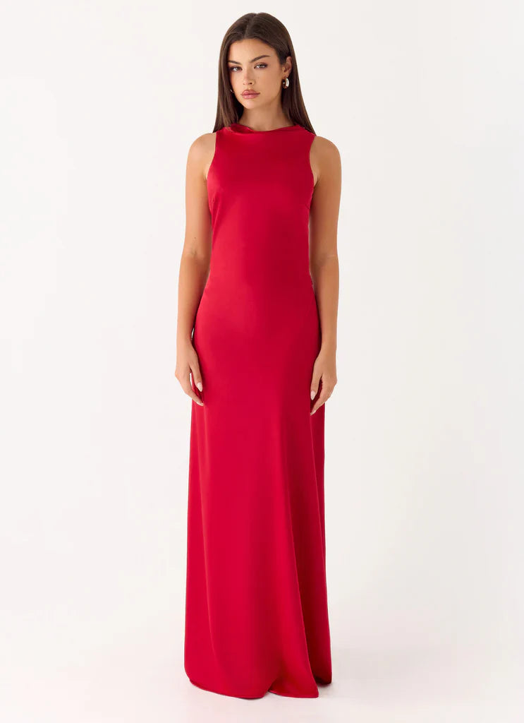 Red Satin Cowl Neck Open Back Tie Detail Maxi Prom Dress Events