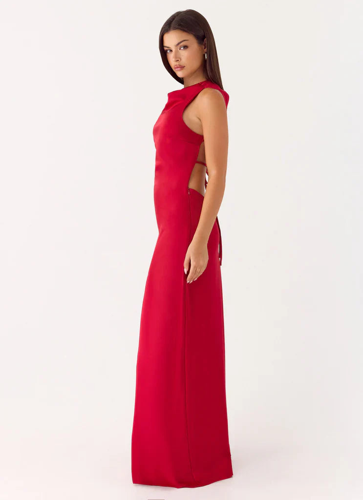 Red Satin Cowl Neck Open Back Tie Detail Maxi Prom Dress Events