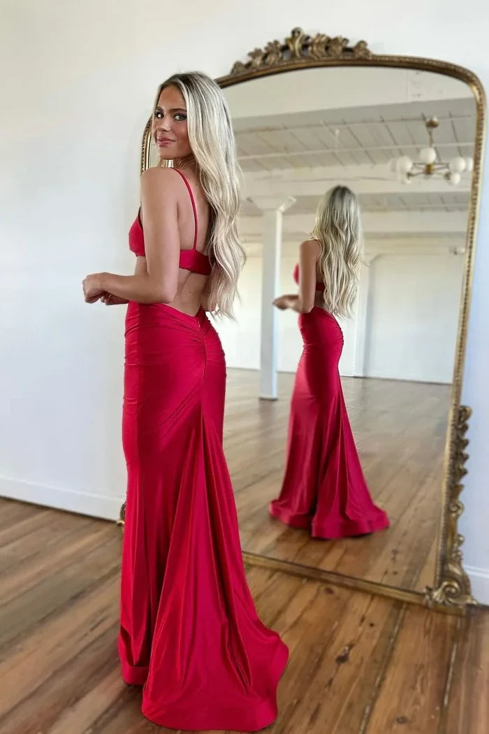 Red Satin Cutout Mermaid Spaghetti Strap Maxi Evening Dresses
