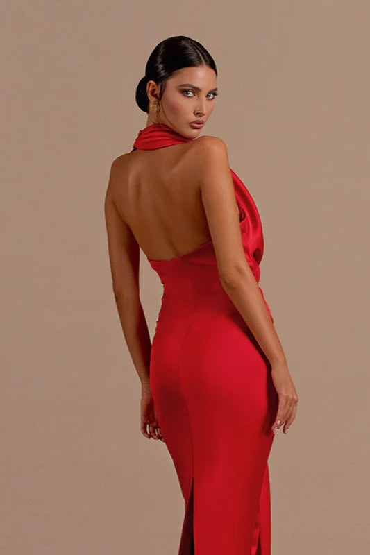 Red Satin Halter Cowl Neck Backless Mermaid Evening Dresses
