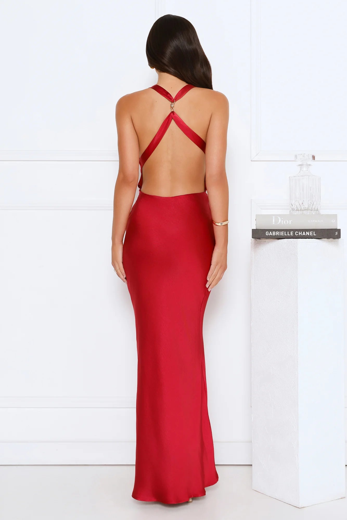 Red Satin Halter Cowl Neck Backless Mermaid Maxi Dresses