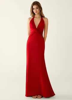 Red Satin Halter Neck Twist Front Mermaid Maxi Evening Dresses
