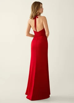 Red Satin Halter Neck Twist Front Mermaid Maxi Evening Dresses