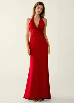 Red Satin Halter Neck Twist Front Mermaid Maxi Evening Dresses