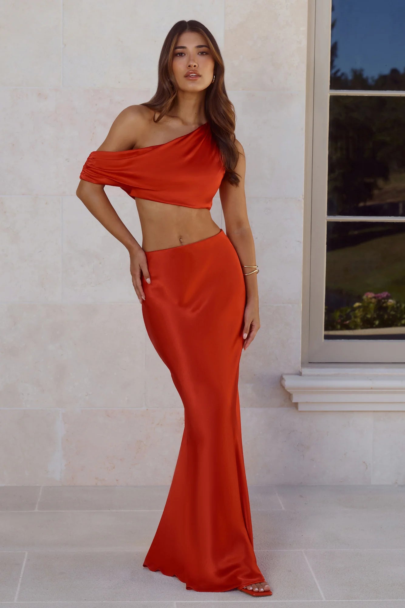 Red Satin One-Shoulder Cutout Mermaid Two-Piece Evening Dresses