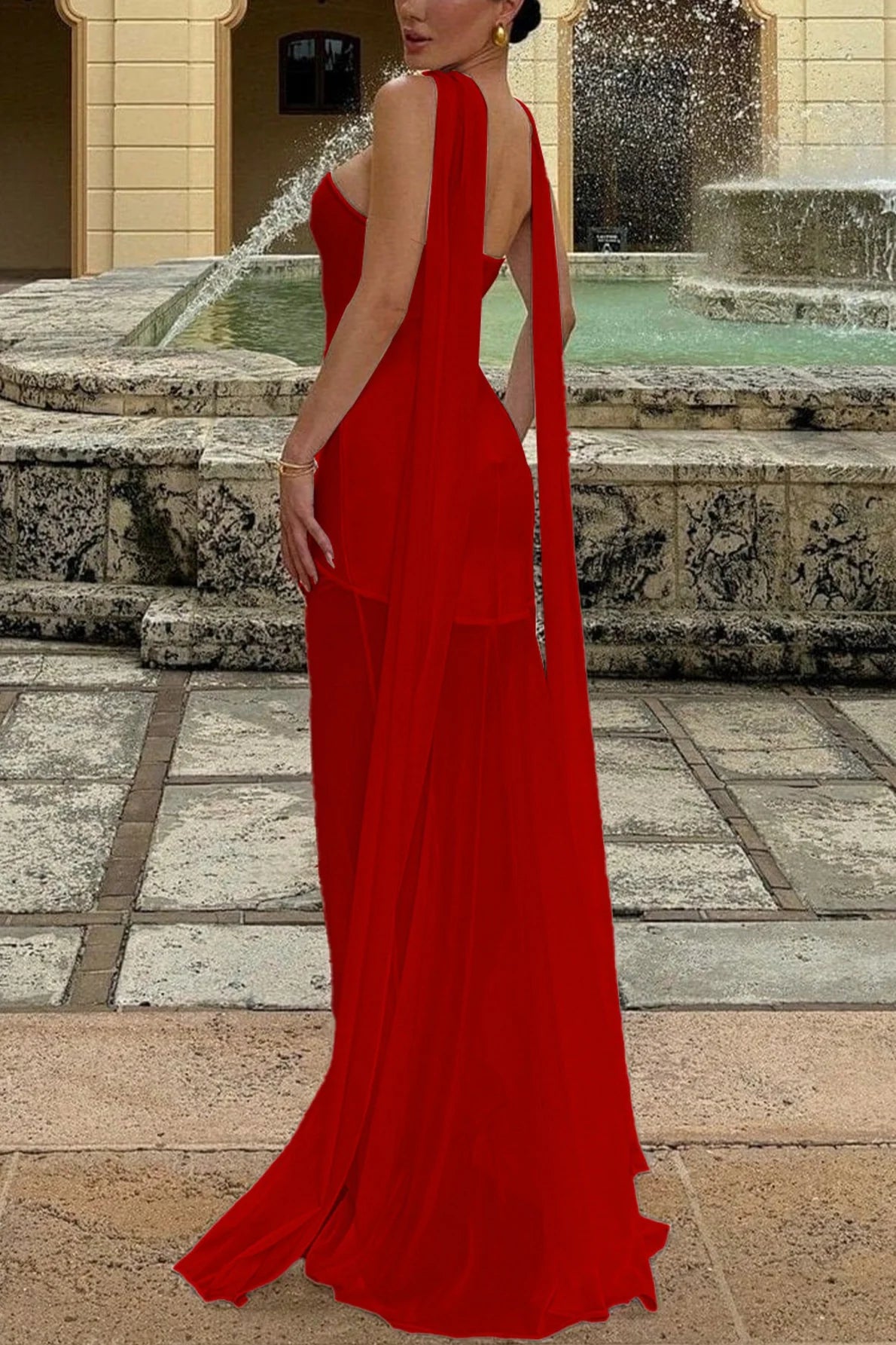 Red Satin One-Shoulder Draped Scarf Backless Mermaid Maxi Dress Formal Homecoming Dresses