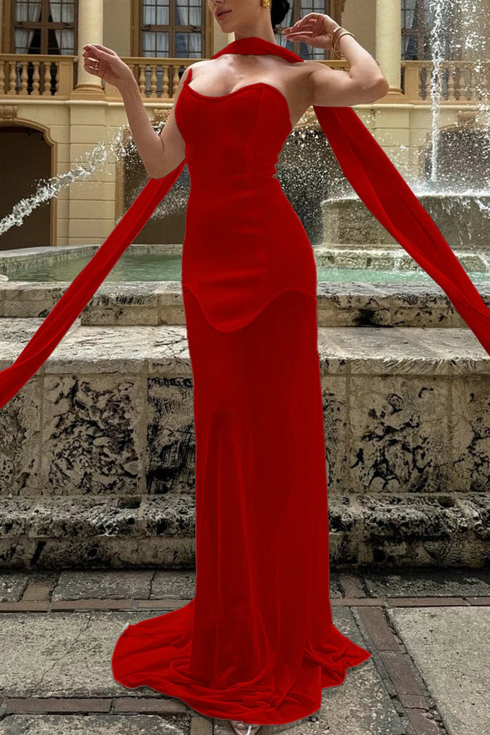 Red Satin One-Shoulder Draped Scarf Backless Mermaid Maxi Dress Formal Homecoming Dresses