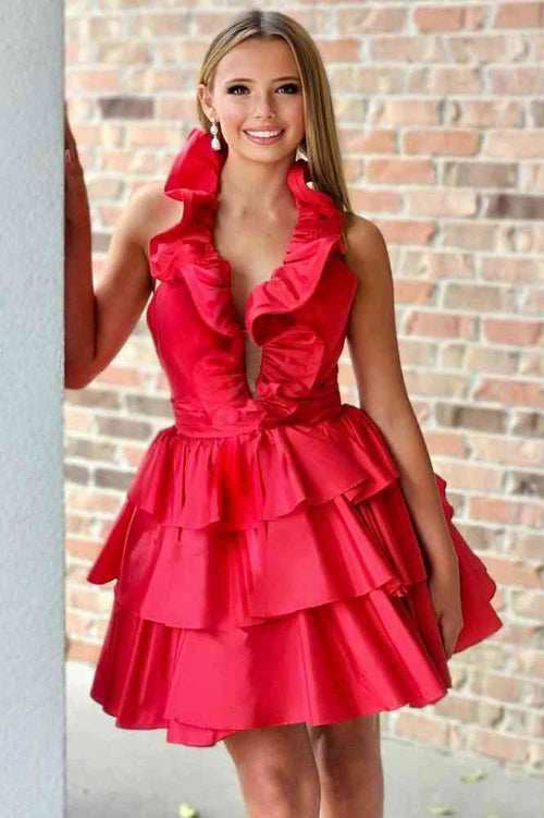 Red Satin Ruffle Halter Backless Tiered A-Line Mini Dress Homecoming Dresses