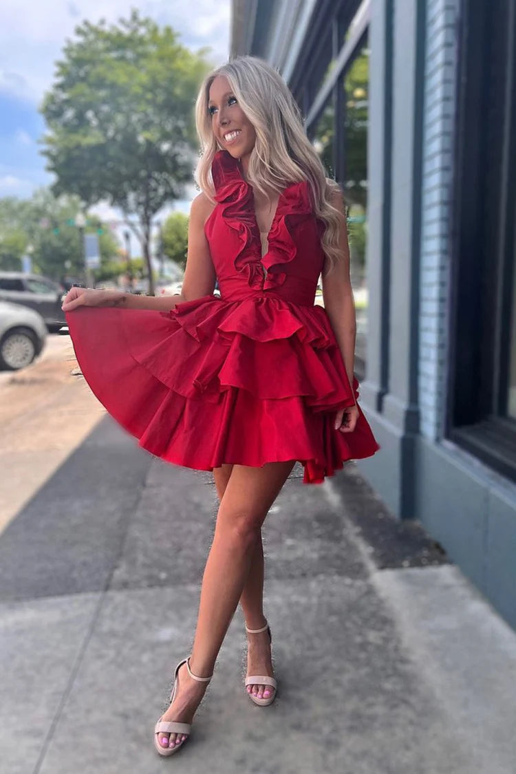 Red Satin Ruffle Halter Backless Tiered A-Line Mini Dress Homecoming Dresses