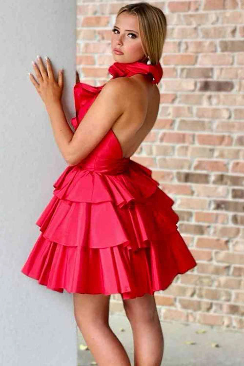 Red Satin Ruffle Halter Backless Tiered A-Line Mini Dress Homecoming Dresses