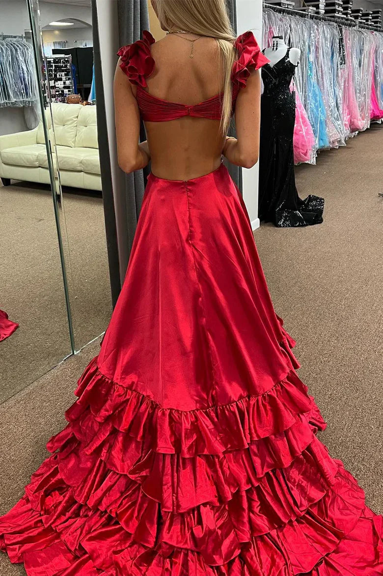 Red Satin Ruffle Strap Cutout Mermaid Maxi Dress with Tiered Skirt & High Slit