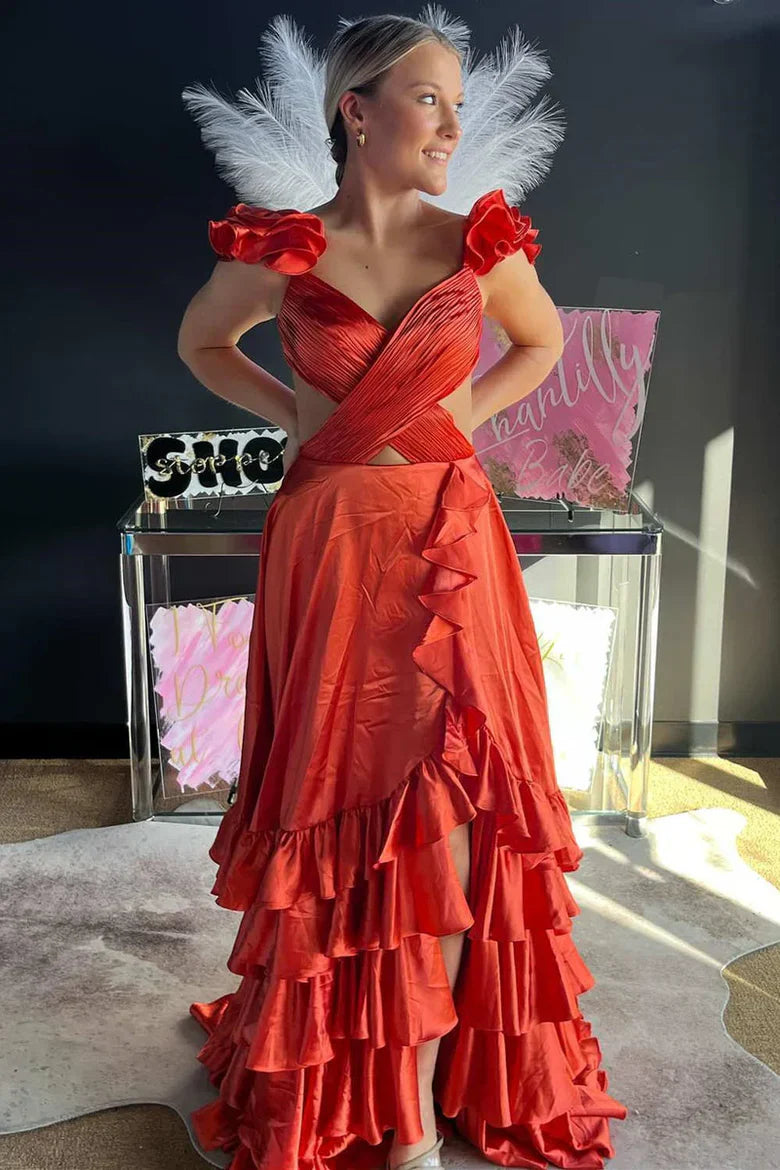 Red Satin Ruffle Strap Cutout Mermaid Maxi Dress with Tiered Skirt & High Slit