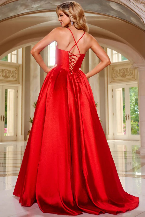Red Satin Spaghetti Strap Corset Lace-Up Back Ball Gown Maxi Evening Dresses