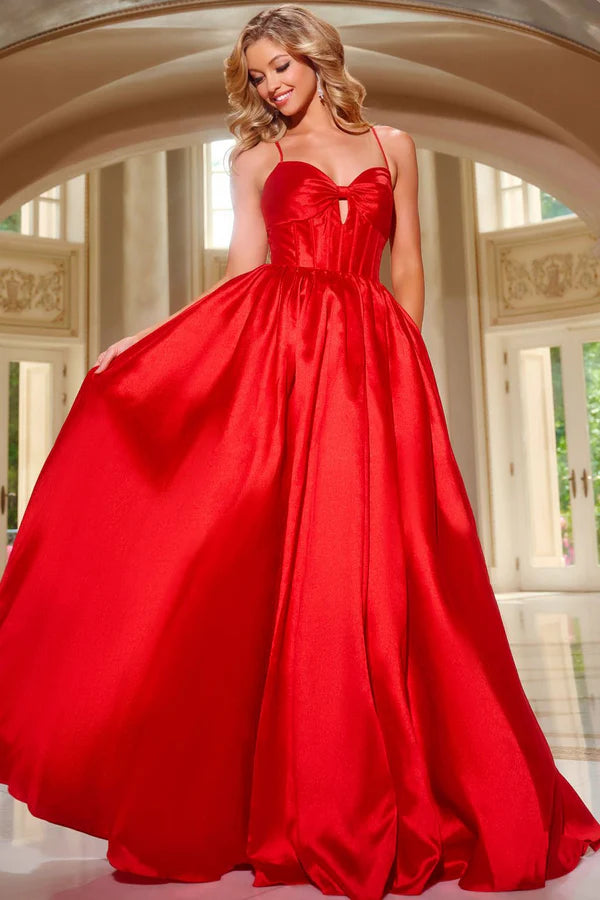 Red Satin Spaghetti Strap Corset Lace-Up Back Ball Gown Maxi Evening Dresses