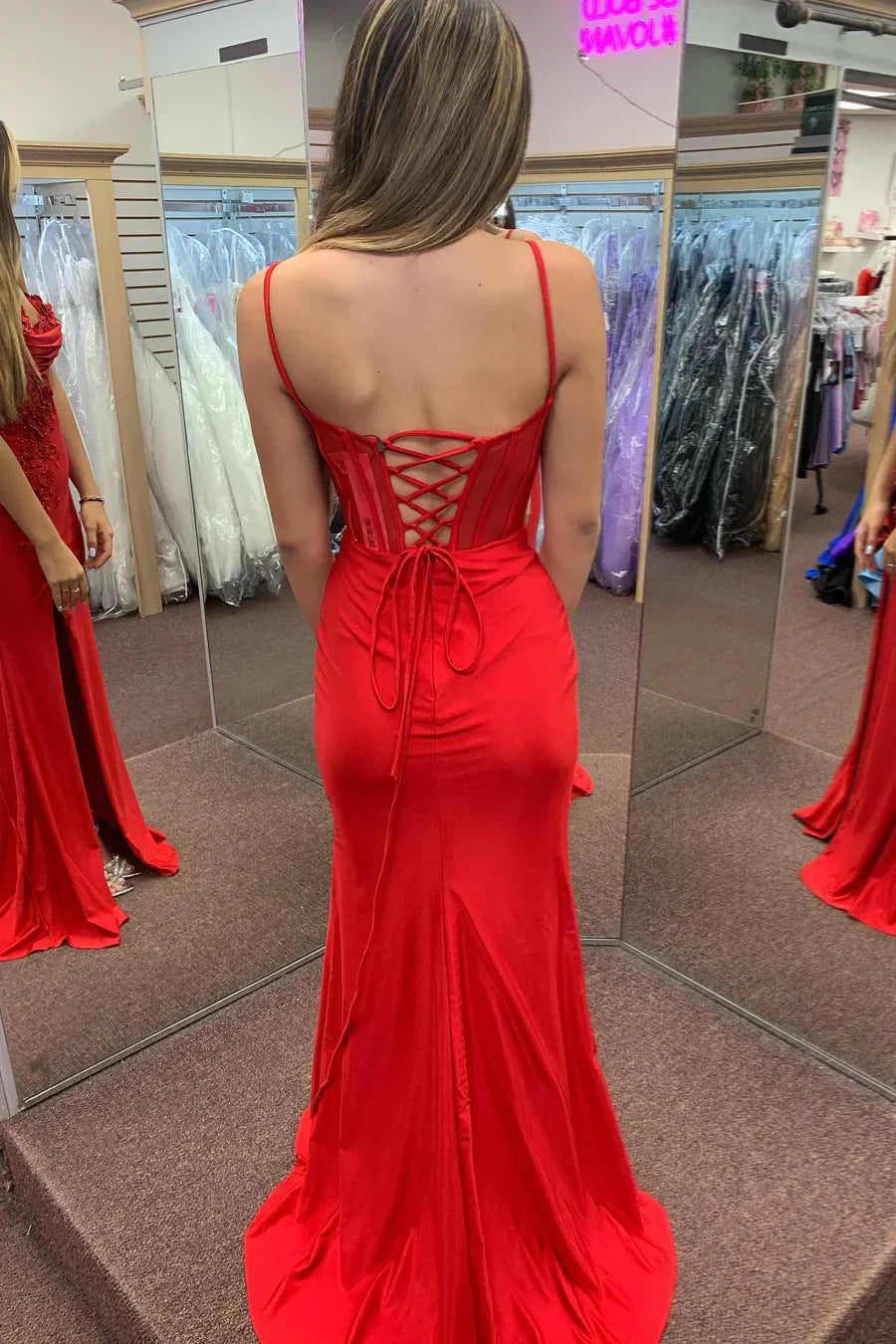 Red Satin Spaghetti Strap Mermaid Prom Dress with High Slit